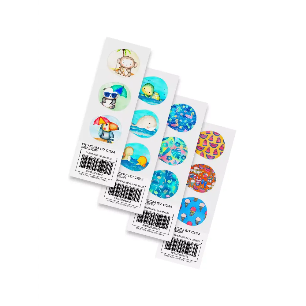 Dexcom G7 Stickers - Summer Edition with vibrant beach motifs and ocean-inspired patterns.