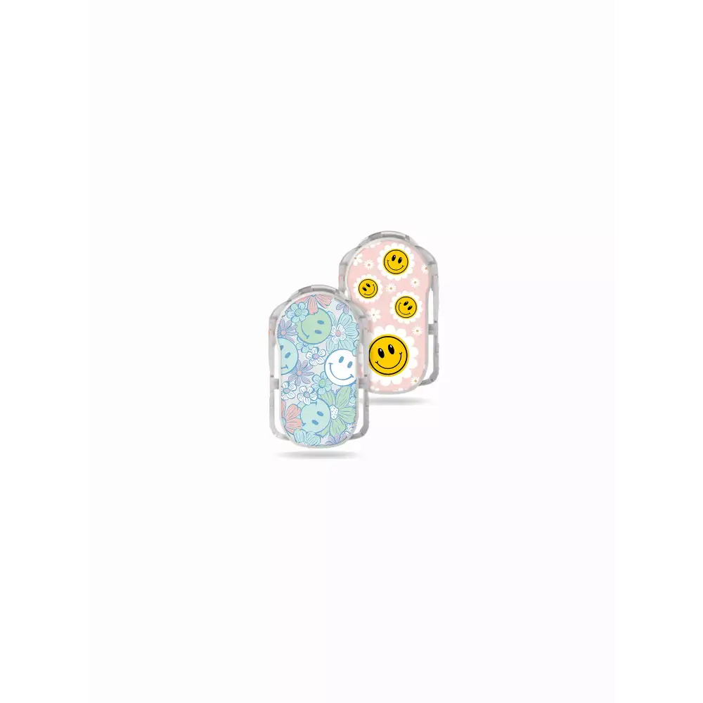 Stickers for Medtrum TouchCare Slim CGM, Y2K Collection with smileys and retro patterns.