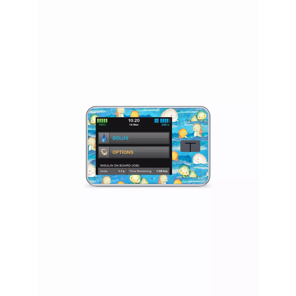 Tandem T slim insulin pump with Kaio-Dia Summer Edition marine life sticker.