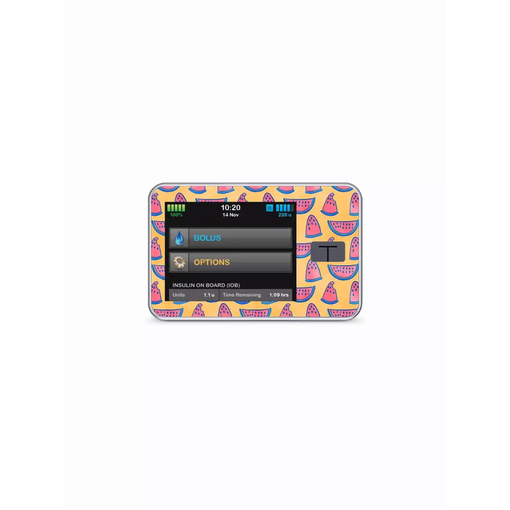 Tandem T slim insulin pump with Summer Edition stickers featuring vibrant watermelon pattern.