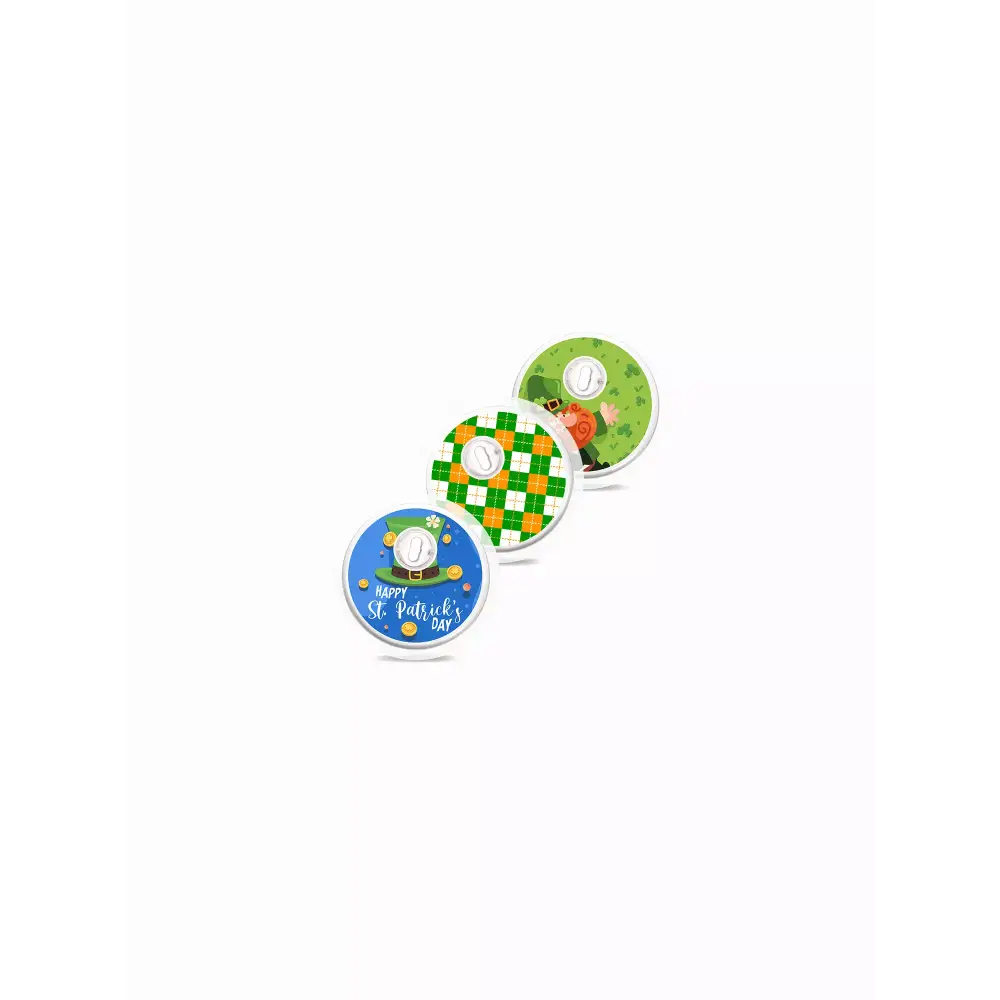 Libre 3 St. Patrick's Day edition sensor stickers set of three with festive designs.