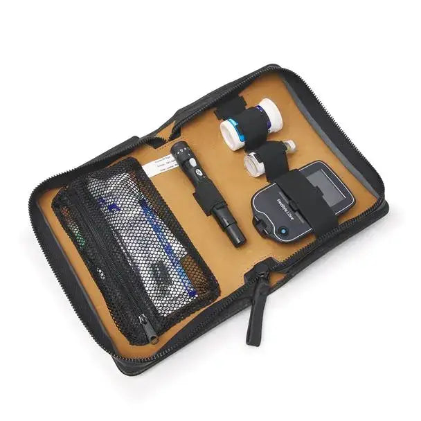 Stylish leather diabetic travel case with organized slots for insulin pen, glucose monitor, and supplies.