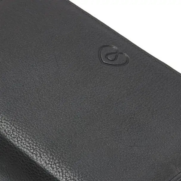 Stylish leather diabetic travel case with embossed logo and zip closure.