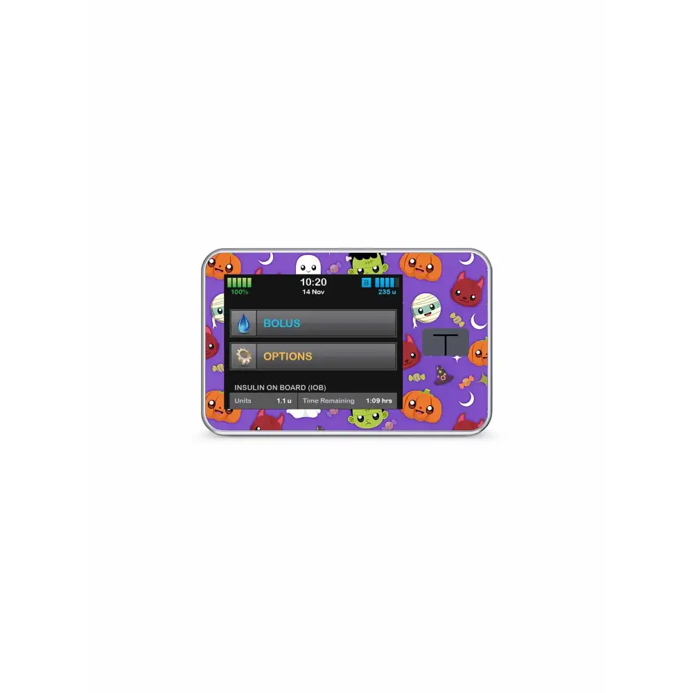 Tandem T Slim with Halloween 2024 stickers featuring spooky designs for festive protection.
