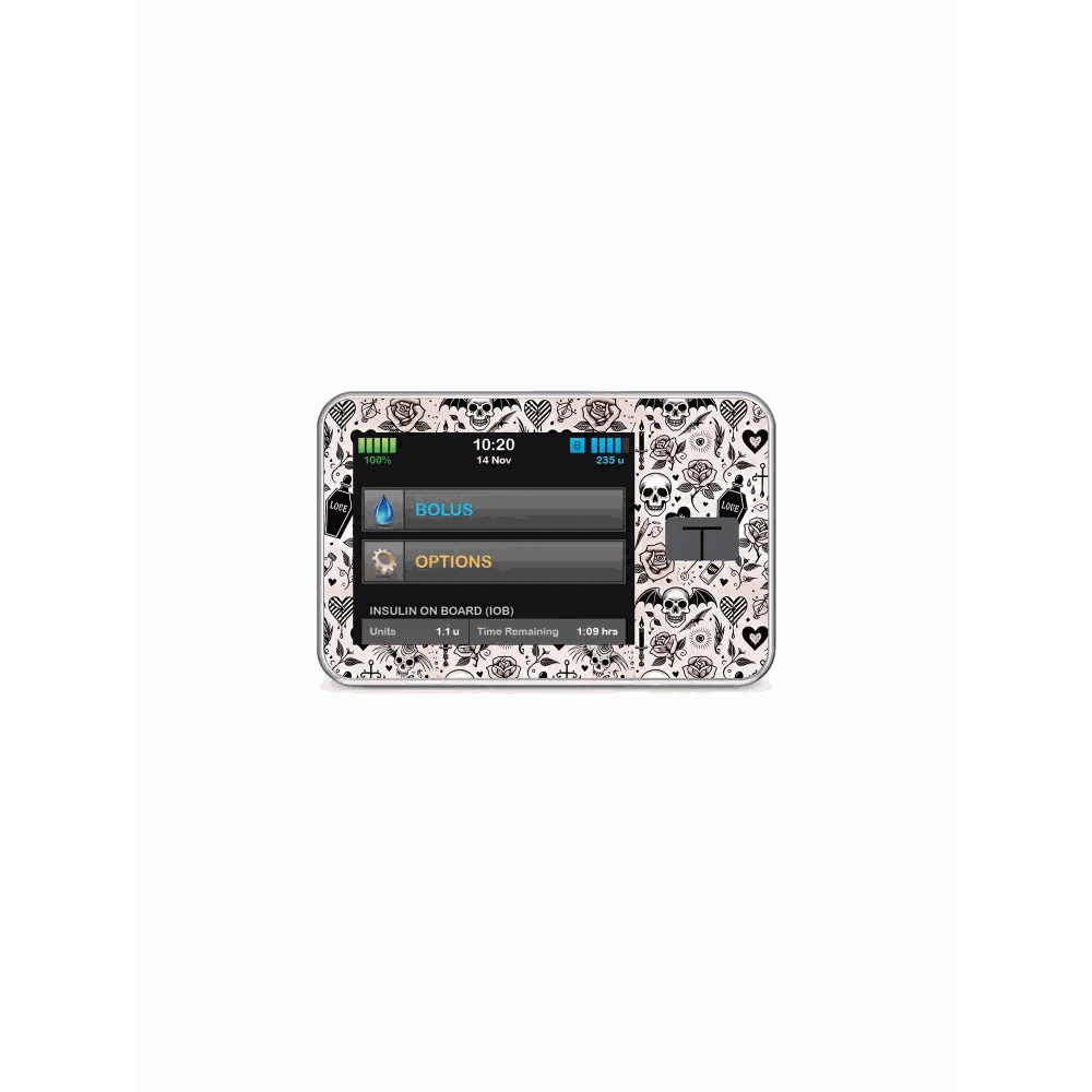 Tandem TSlim insulin pump with Valentine 2025 Gothic Valentine sticker design.