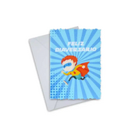 Inspiring Diaversary greeting card with superhero design and "Feliz Diaversario" text, showcasing a vibrant, celebratory theme on high-quality canvas.