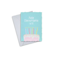 Diaversary greeting card with cake design and pastel colors, accompanied by an envelope.