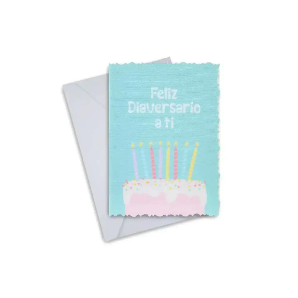 Diaversary greeting card with cake design and pastel colors, accompanied by an envelope.