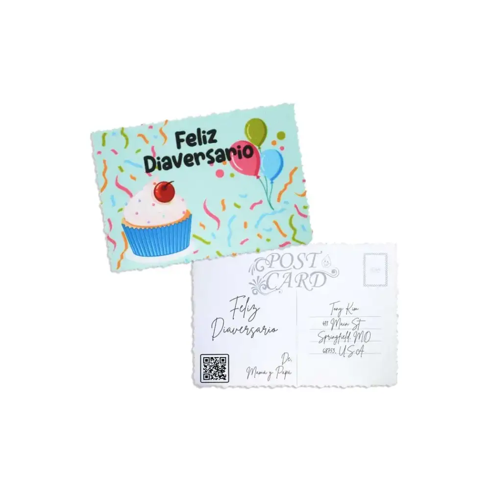 Colorful Diaversary postcard with festive cupcake and balloon design, perfect for celebrating diabetes milestones.