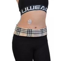 Insulin pump waist belt with stylish print, worn by a person, providing secure and discreet support.