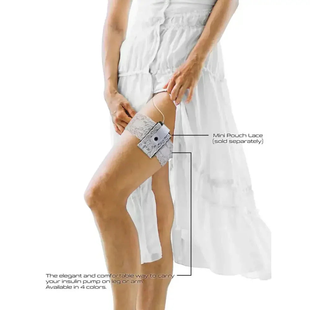 Versatile insulin pump arm and leg band in lace showcasing elegant design and secure fit.