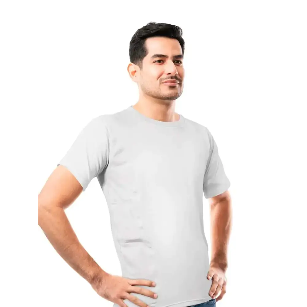 Comfortable insulin pump t-shirt for adults with dual pockets and tubing holes.