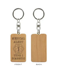 Type 1 Wooden Keychain with "Medical Alert" and "Type 1 Diabetic" engraving, front and back view.