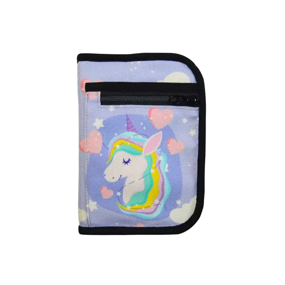 Unicorn-print diabetic travel case for children, featuring compartments for glucose meter and supplies.
