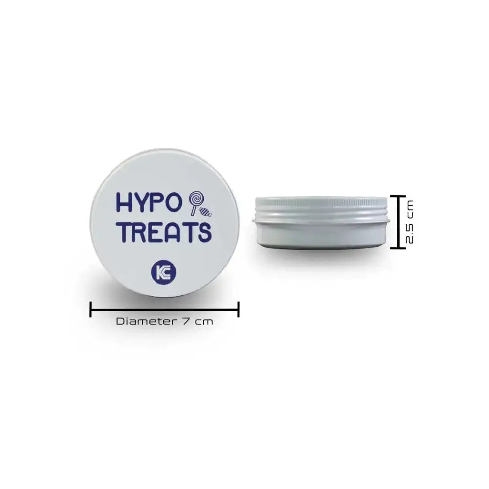 The HYPO TREATS tin container with dimensions noted (7 cm in diameter and 2.5 cm in height).