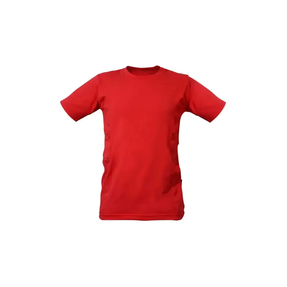 Red comfortable t-shirt designed for insulin pump users with dual side pockets.