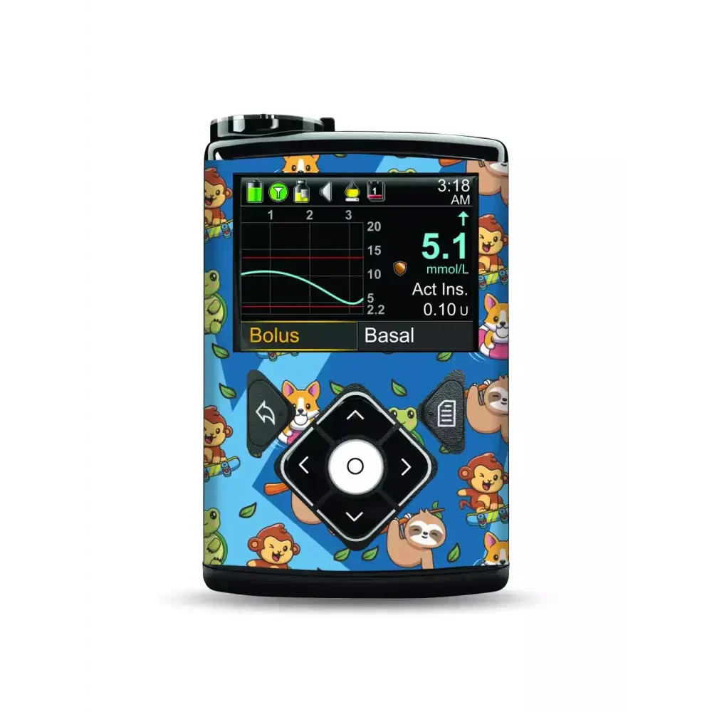 Medtronic MiniMed insulin pump with funny animal decorative sticker, compatible with 630G, 640G, 670G, and 770G models, water-resistant vinyl design.