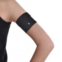 Narrow diabetic sensor armband on upper arm, breathable fabric, secure fit.