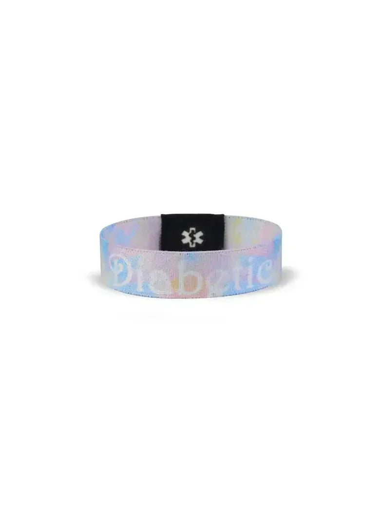 Reversible Type 1 Diabetes awareness wristband for children with "Diabetic" text and colorful summer design.