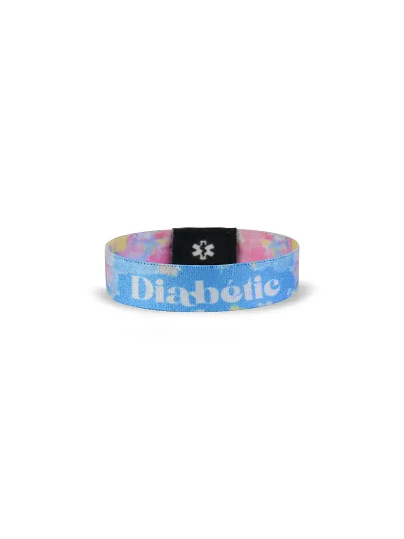 Reversible Type 1 Diabetes awareness wristband for children with summer patterns and "Diabetic" label.