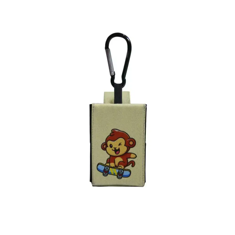 Pouch for insulin pump with monkey design and carabiner attachment.